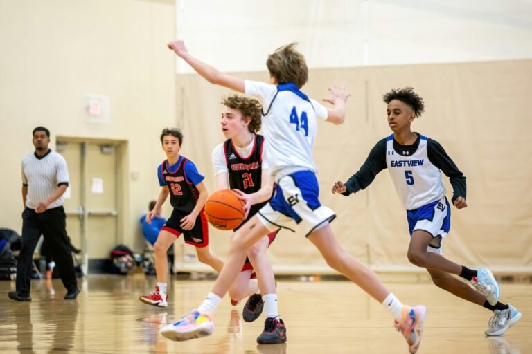 Youth basketball players in a league game